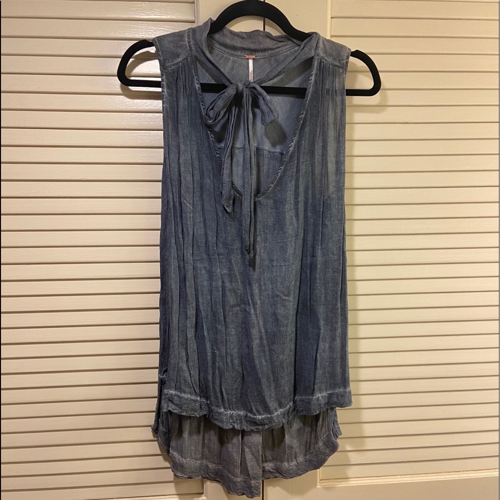 Free People Blue High Low Tie Neck Tunic